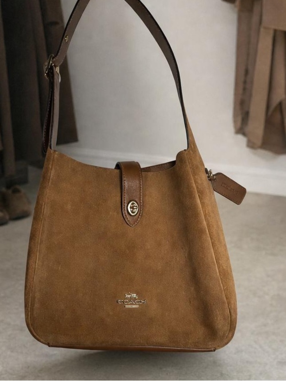 Coach Suede Hobo Shoulder Bag in Tan and Brown - Picture 2 of 8